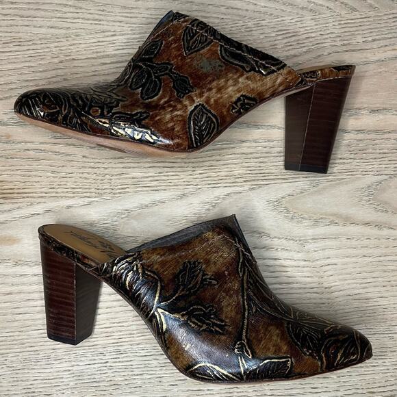 Patricia Nash Ruffina Leather Embossed Block Heel Mules Chocolate Brown Size 8.5 - Picture 9 of 11